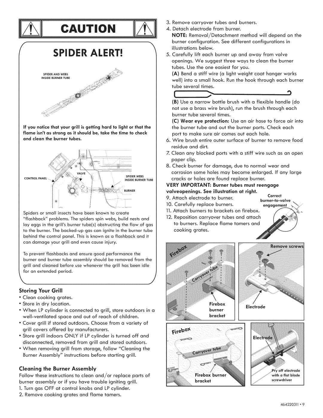 Kenmore 415.1615111 manual Storing Your Grill, See Illustration At right, Correct, Cleaning the Burner Assembly 