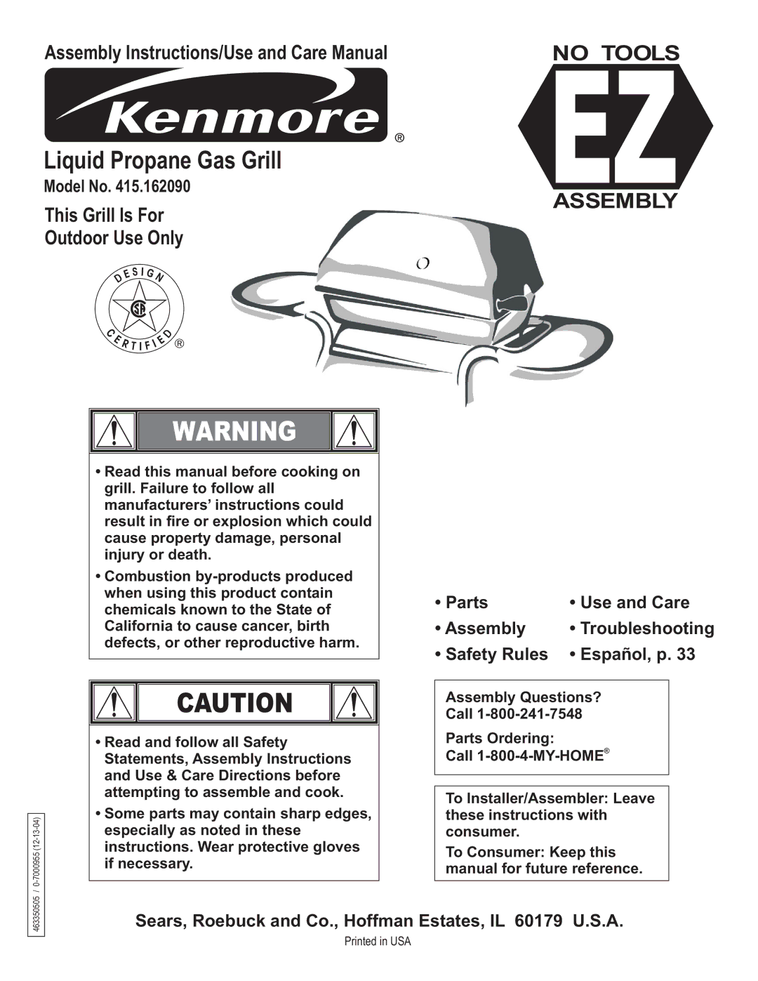 Kenmore 415.162090 manual Liquid Propane Gas Grill 