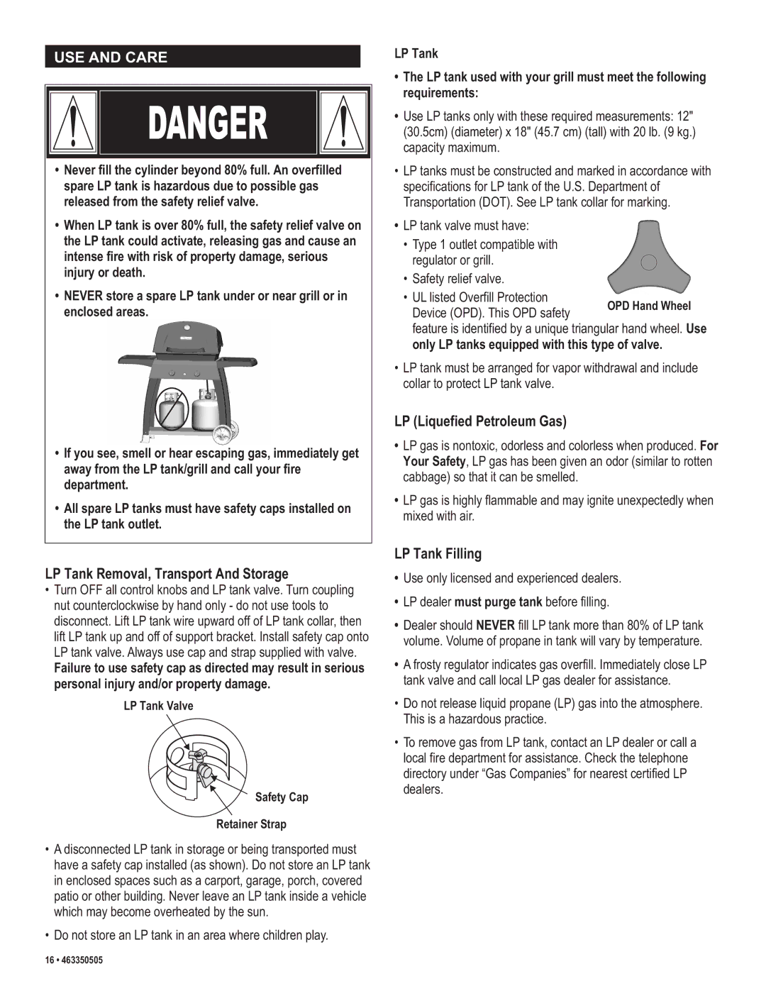 Kenmore 415.162090 manual LP Liquefied Petroleum Gas, LP Tank Removal, Transport And Storage, LP Tank Filling 