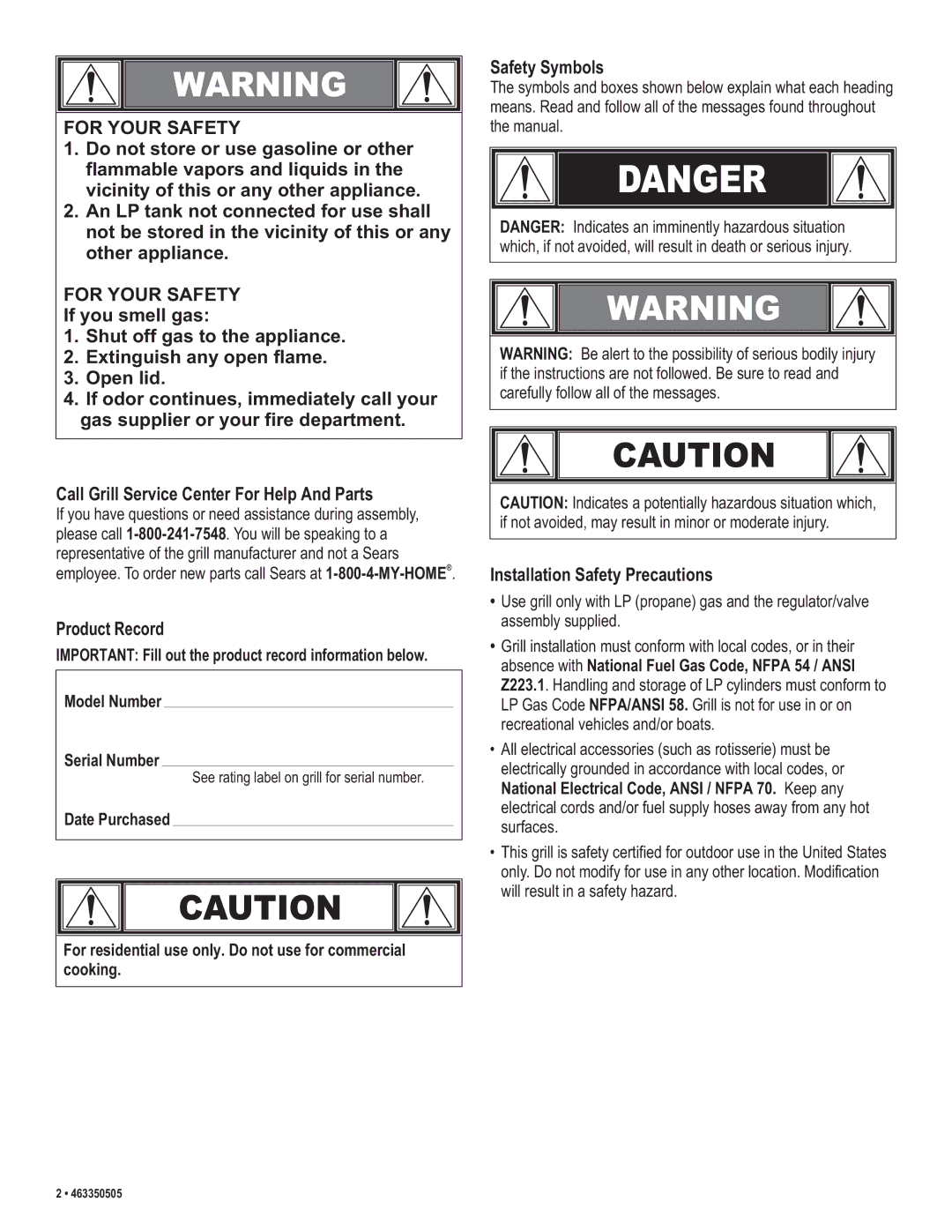 Kenmore 415.162090 manual Product Record, Safety Symbols, Installation Safety Precautions 