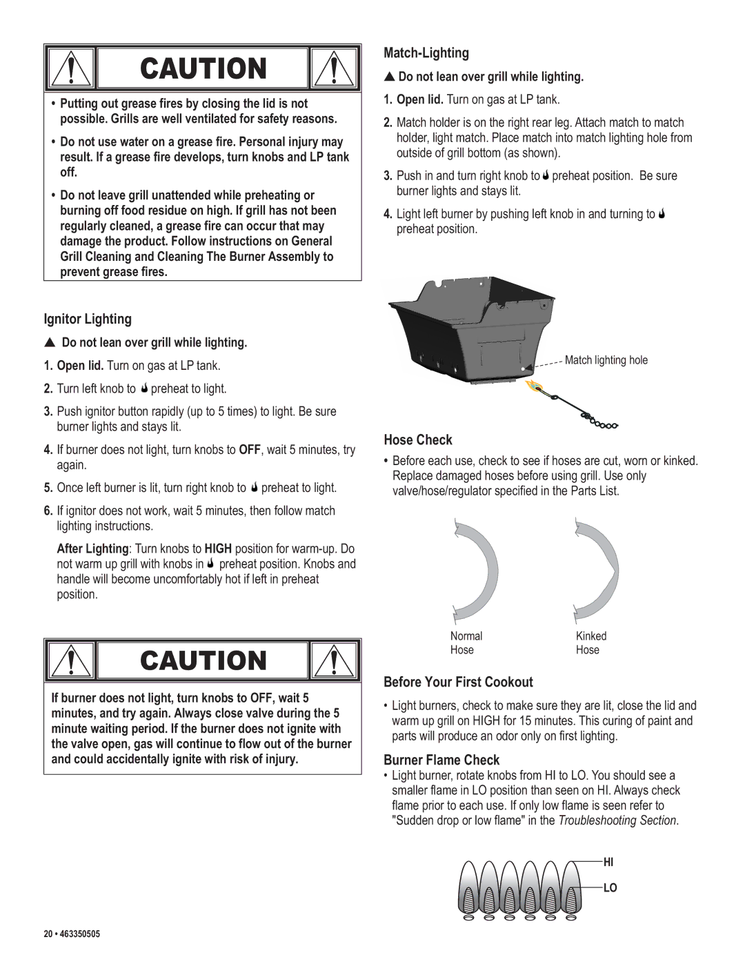 Kenmore 415.162090 manual Ignitor Lighting, Match-Lighting, Hose Check, Before Your First Cookout, Burner Flame Check 