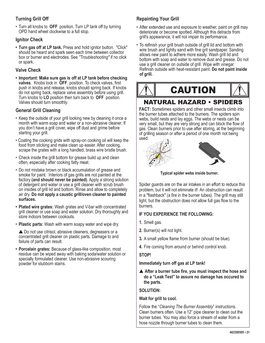 Kenmore 415.162090 manual Turning Grill Off, Ignitor Check, Valve Check, General Grill Cleaning, Repainting Your Grill 