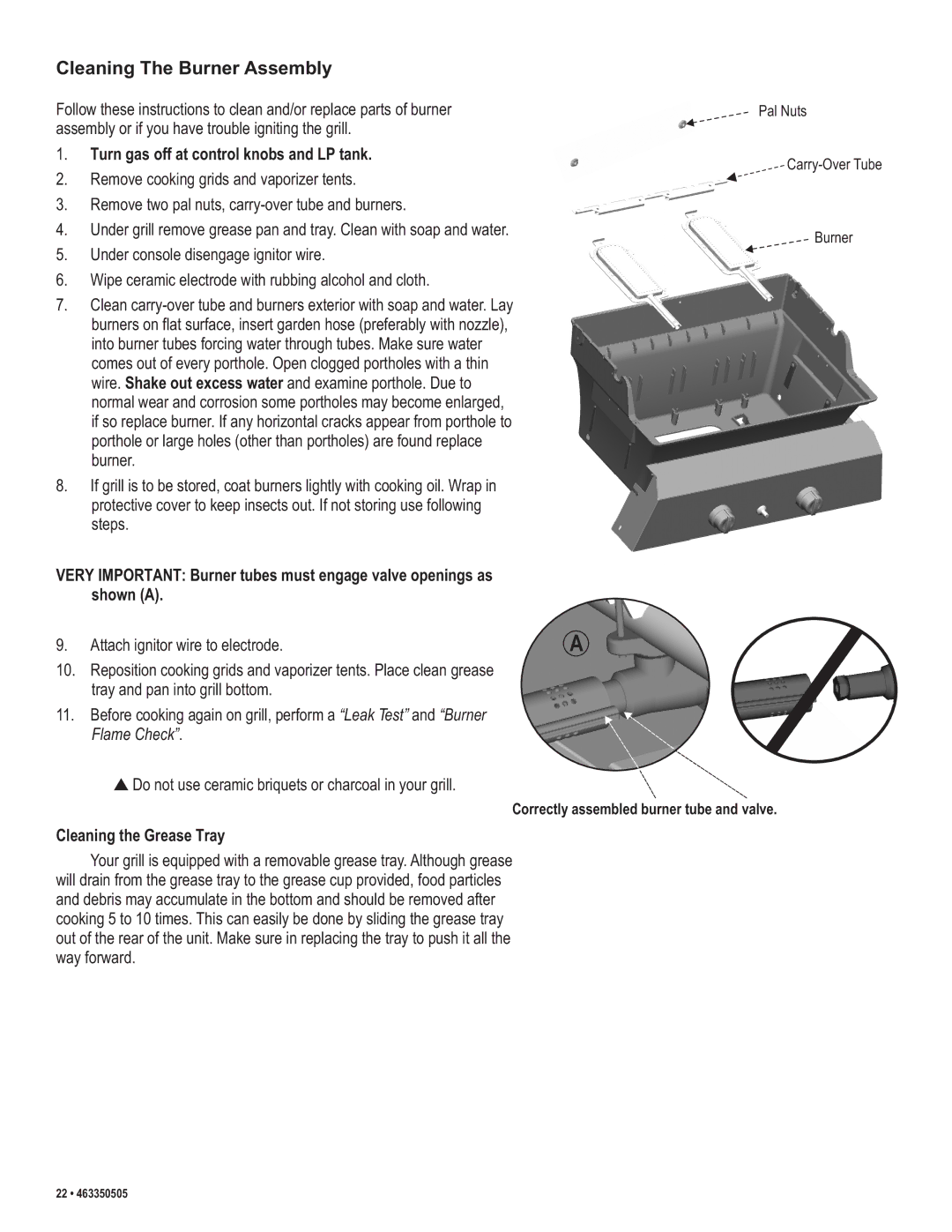 Kenmore 415.162090 manual Cleaning The Burner Assembly, Turn gas off at control knobs and LP tank, Cleaning the Grease Tray 