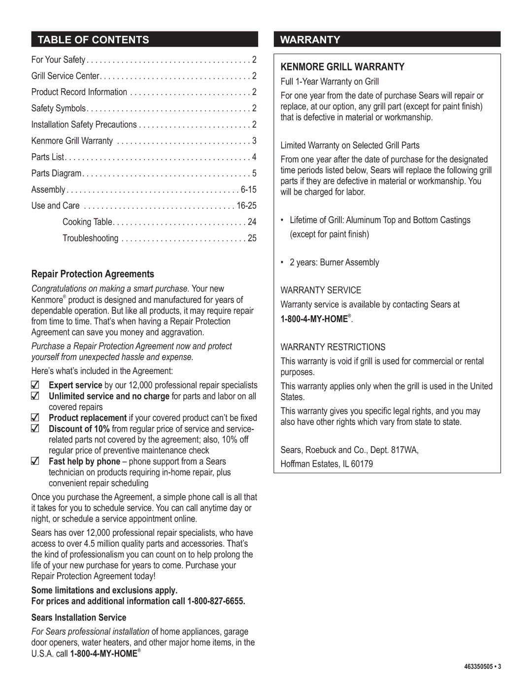 Kenmore 415.162090 manual Table of Contents 