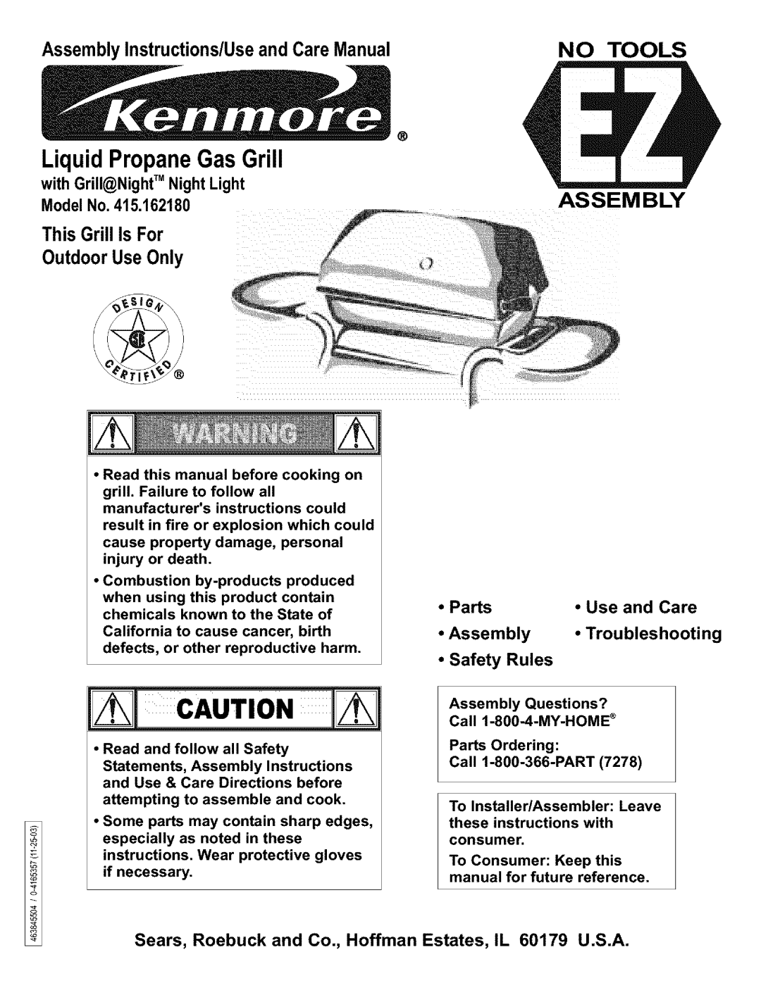 Kenmore 415.16218 manual LiquidPropaneGasGrill 