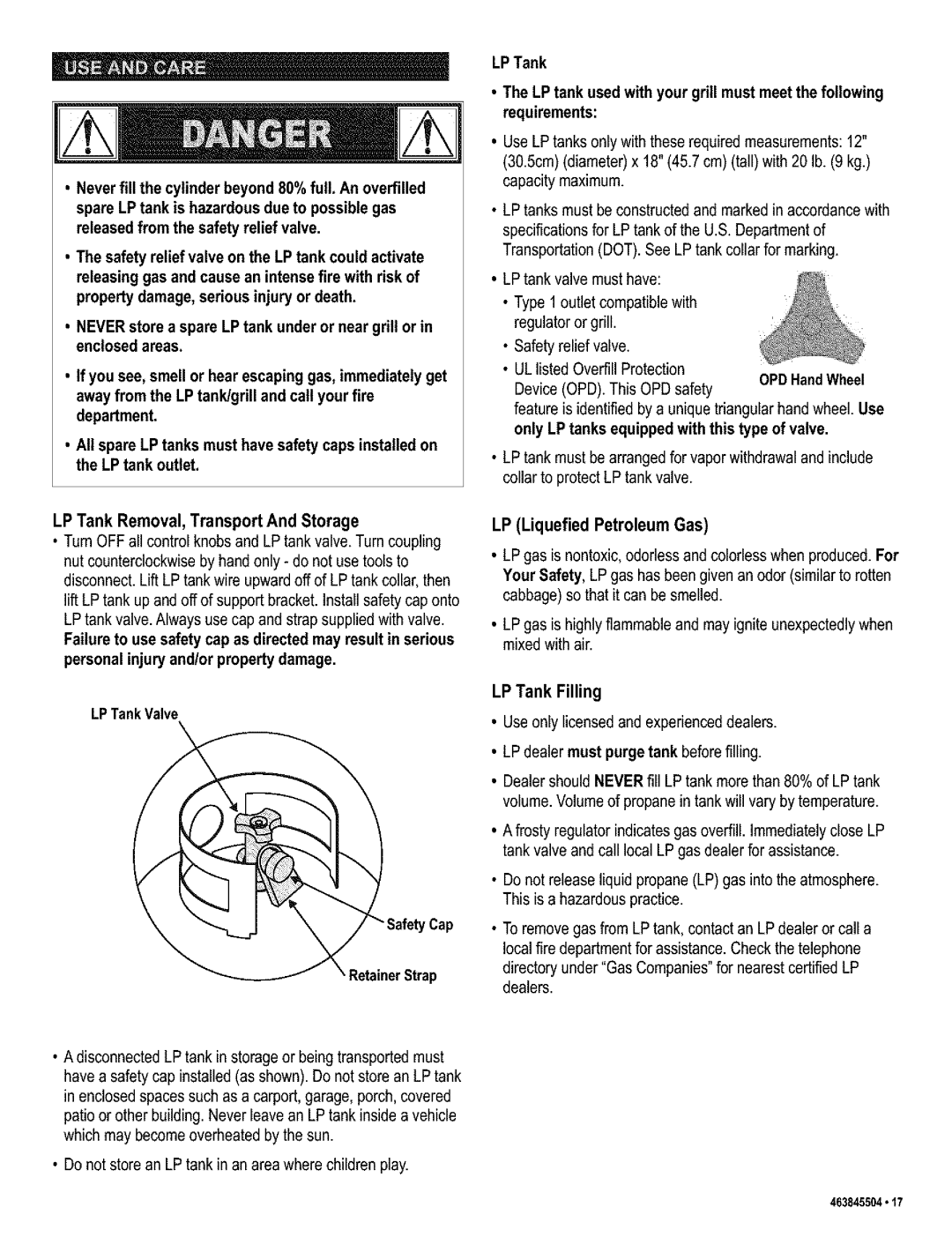 Kenmore 415.16218 manual LP Liquefied Petroleum Gas, LPTank Valve SafetyCap RetainerStrap 