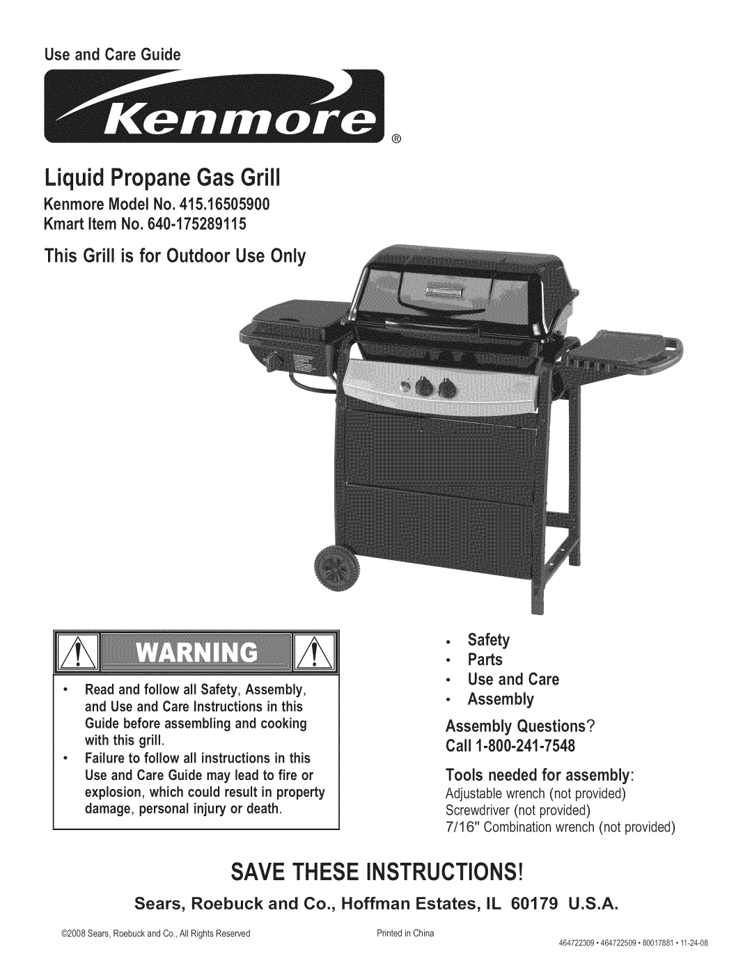 Kenmore 415.165059 manual LiquidPropaneGas Grill, Failure to follow all instructions in this 