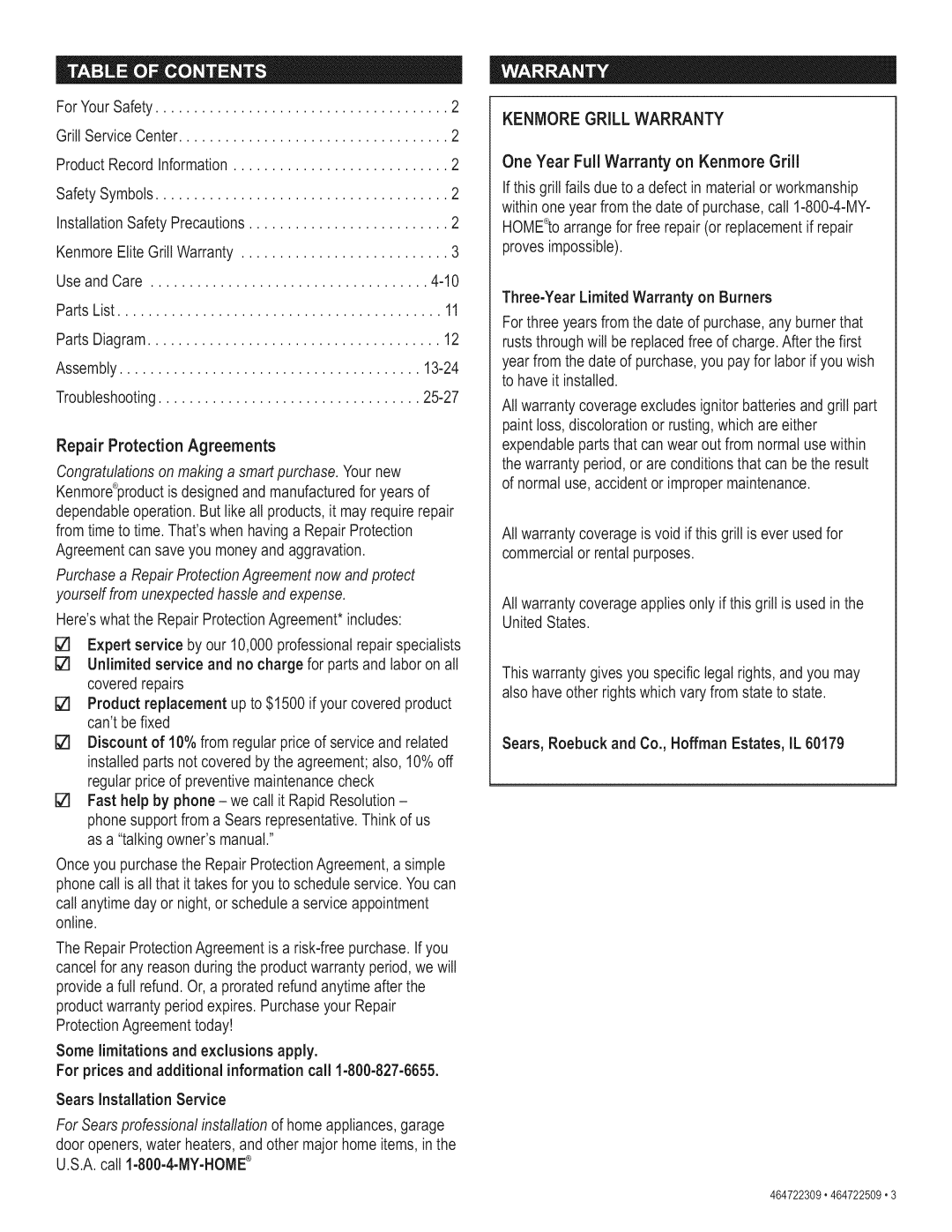 Kenmore 415.165059 manual Kenmore Grill Warranty 