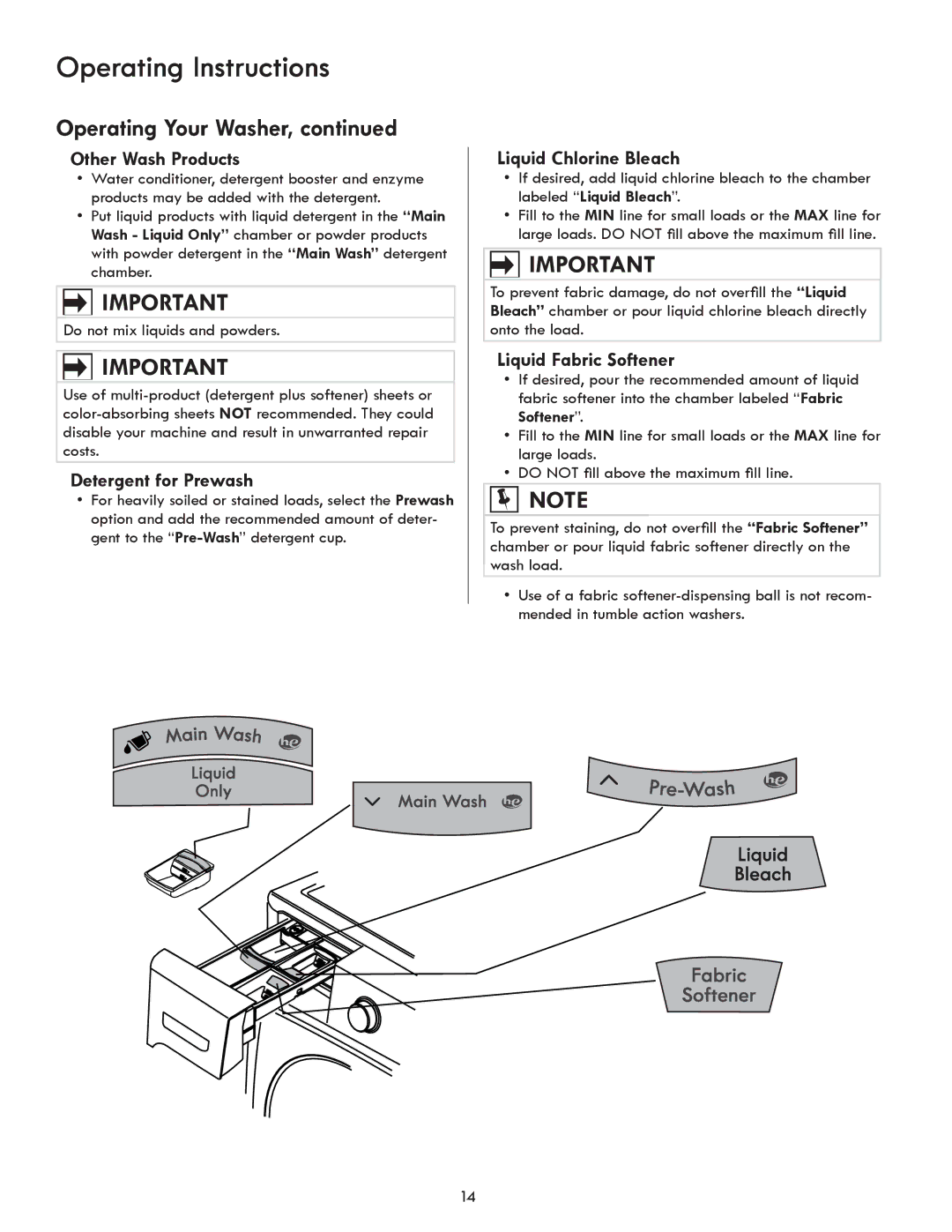 Kenmore 417.4110* manual Other Wash Products, Detergent for Prewash, Liquid Chlorine Bleach, Liquid Fabric Softener 