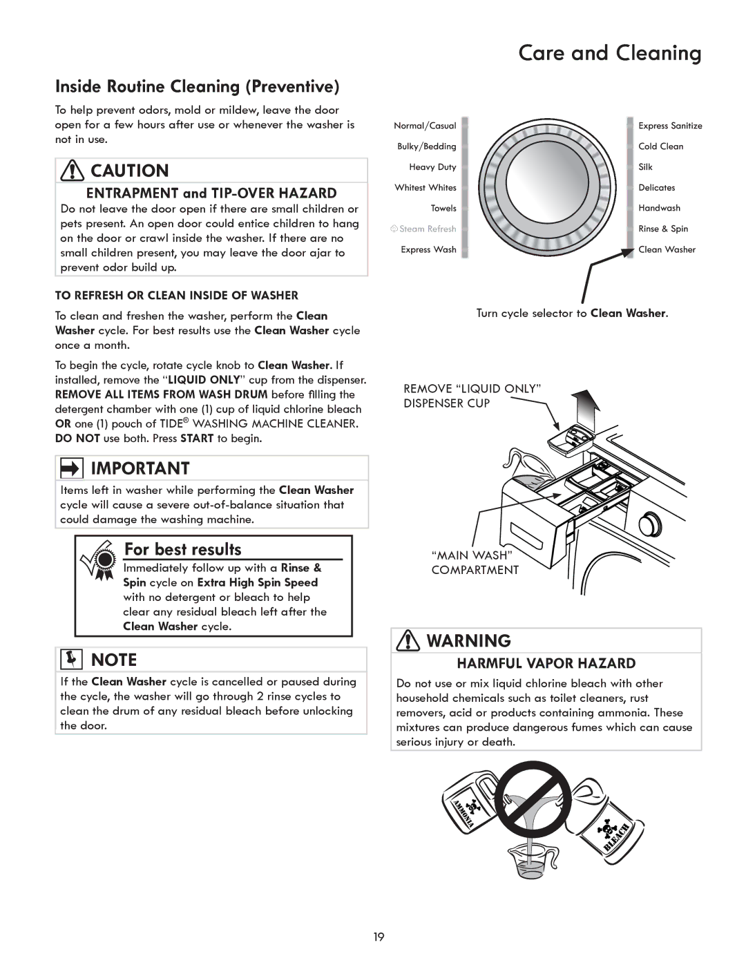 Kenmore 417.4110* manual Care and Cleaning, Inside Routine Cleaning Preventive 