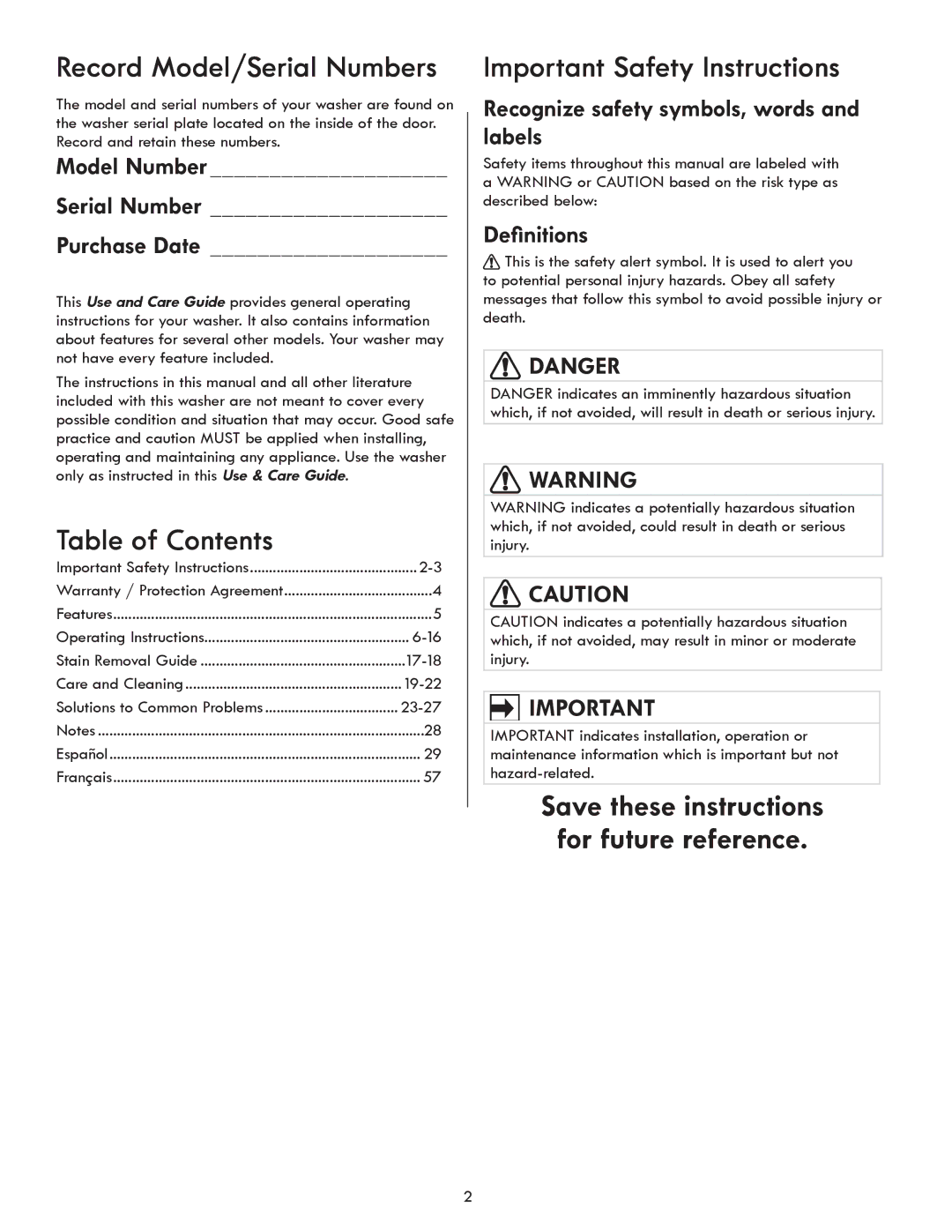 Kenmore 417.4110* manual Table of Contents, Important Safety Instructions, For future reference 