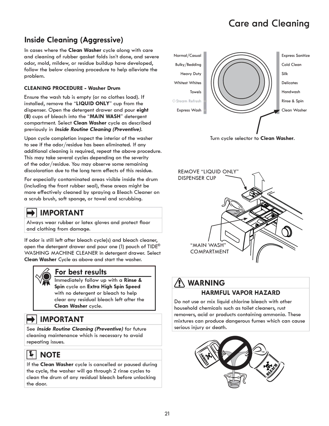 Kenmore 417.4110* manual Inside Cleaning Aggressive, Cleaning Procedure Washer Drum 