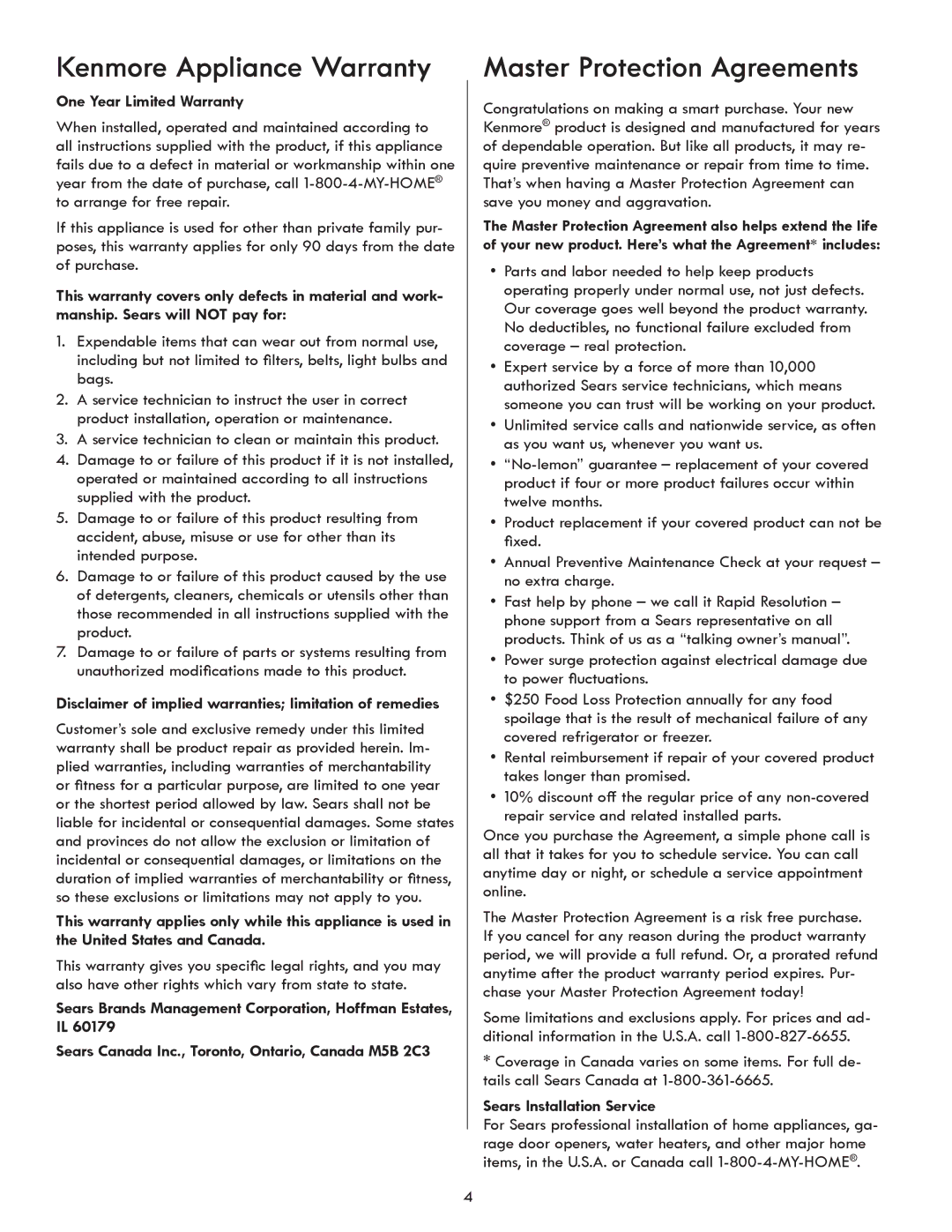 Kenmore 417.4110* manual Master Protection Agreements, One Year Limited Warranty, Sears Installation Service 