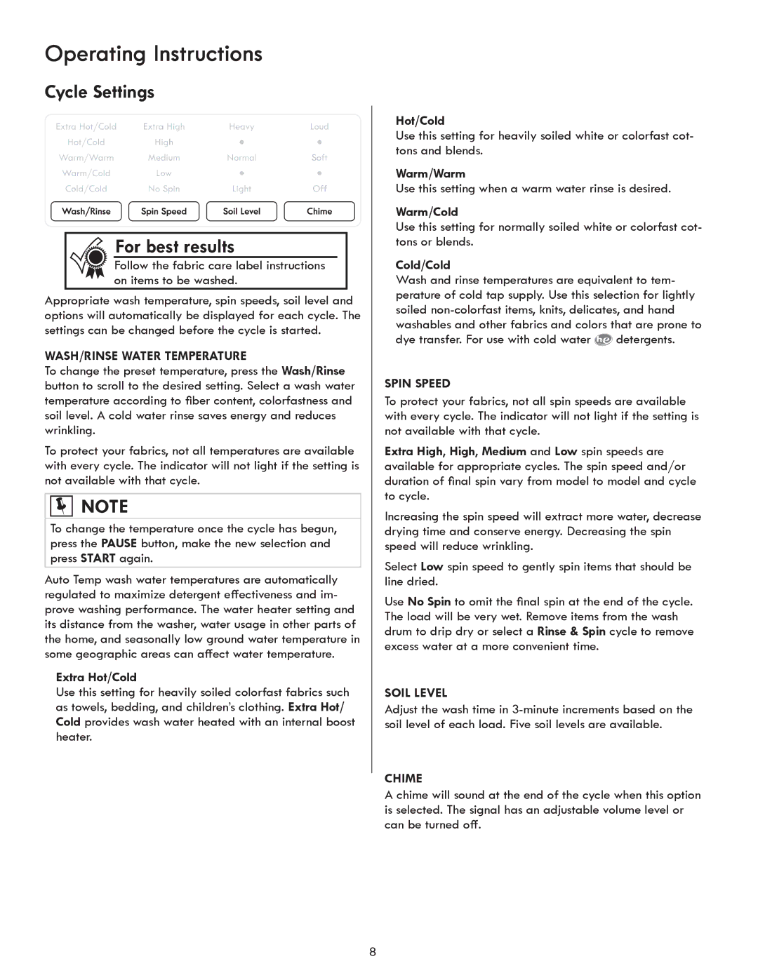 Kenmore 417.4110* manual Cycle Settings For best results 