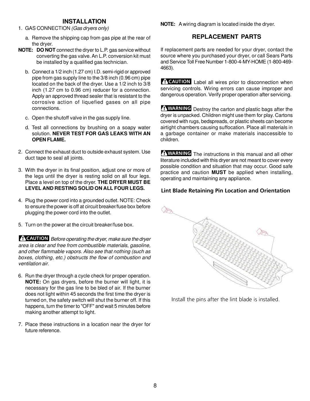 Kenmore 417.64182300 manual Installation, Replacement Parts 