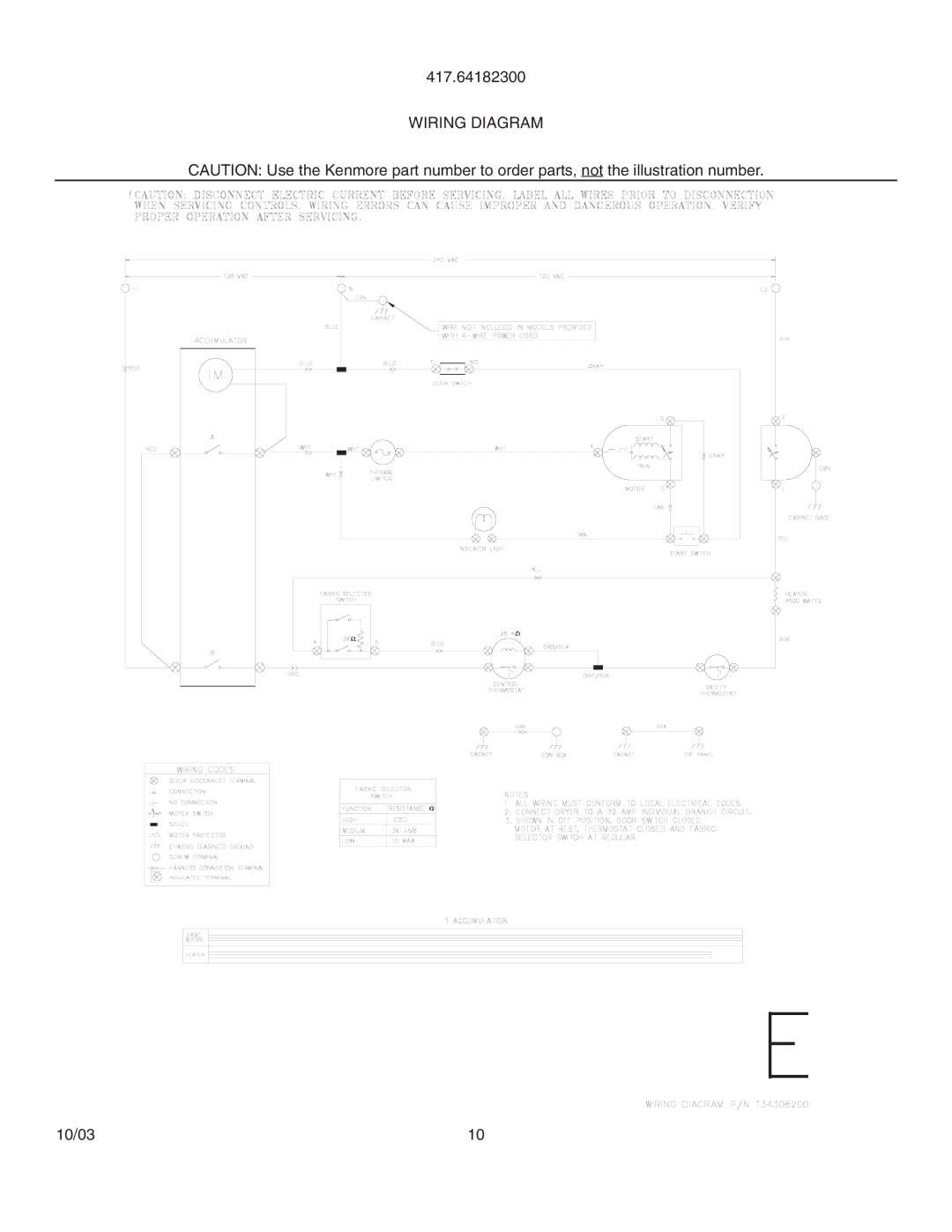 Kenmore 417.64182300 manual Wiring Diagram 