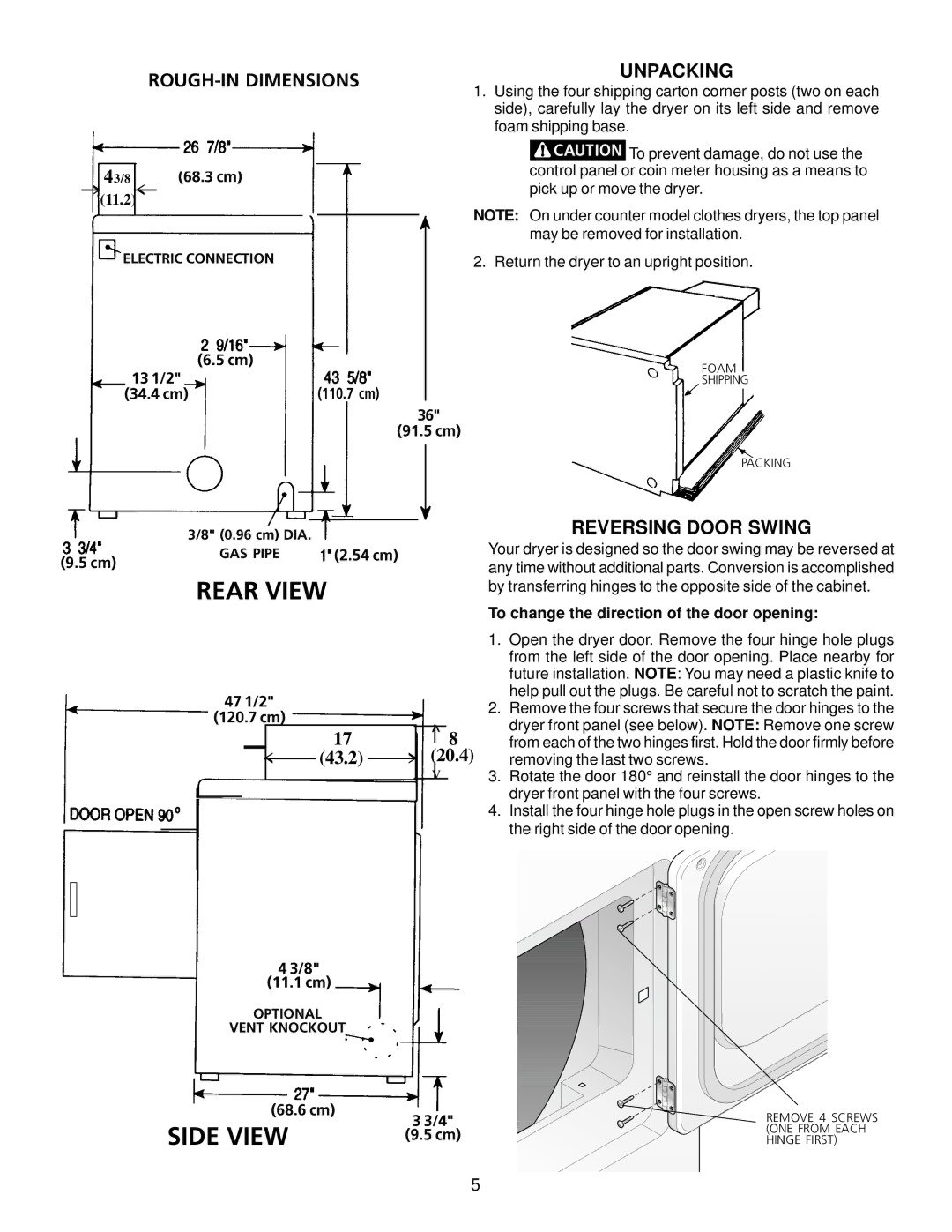 Kenmore 417.64182300 manual Unpacking, Reversing Door Swing 