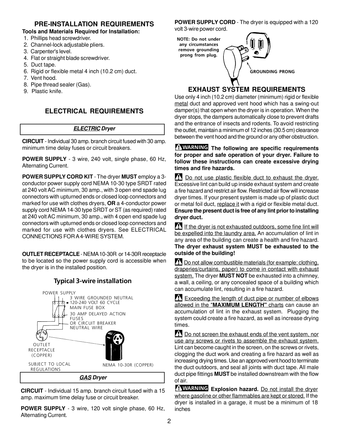 Kenmore 417.64182300 manual PRE-INSTALLATION Requirements, Electrical Requirements, Exhaust System Requirements 