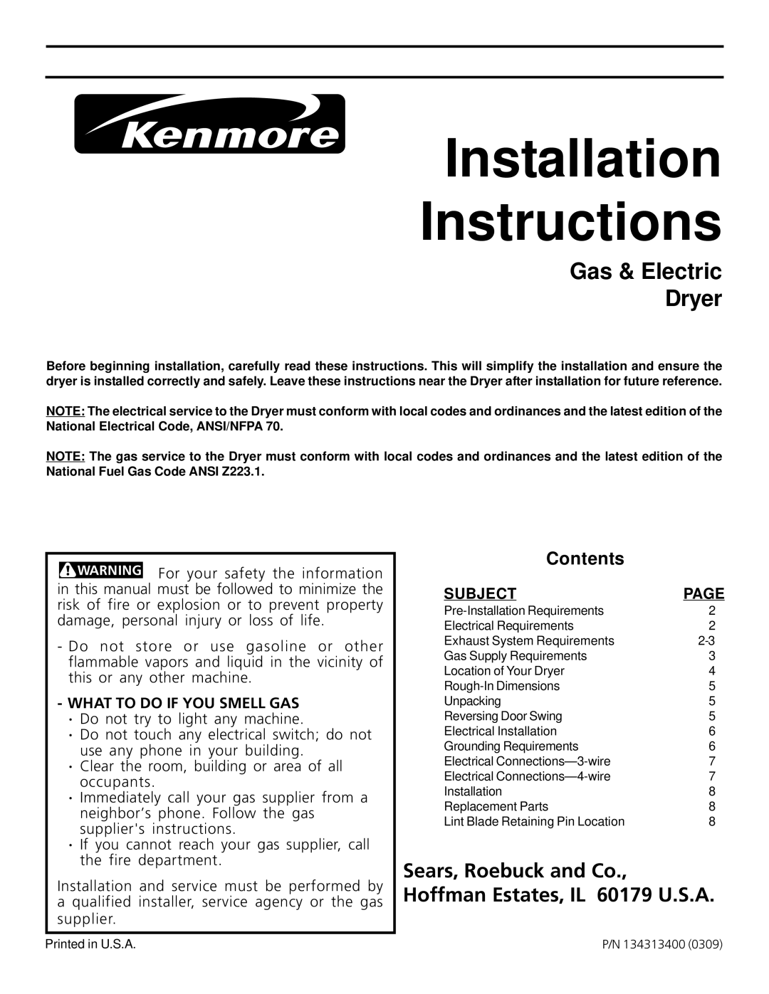 Kenmore 417.64182300 manual Installation Instructions 