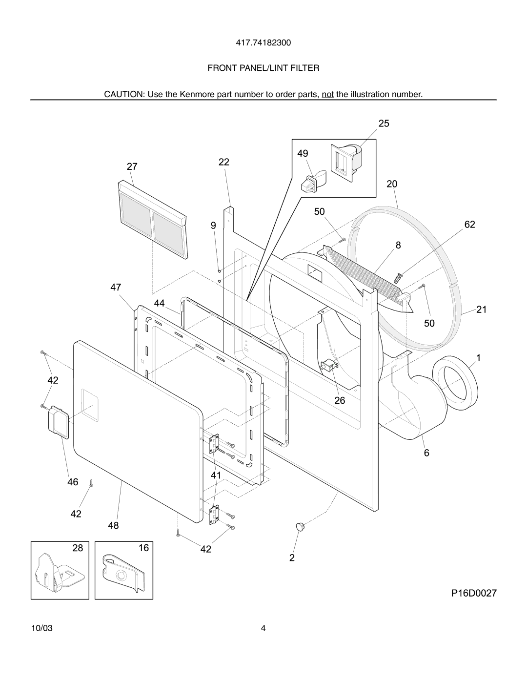 Kenmore 134316200, 417.74182300, 134313400 manual Front PANEL/LINT Filter 