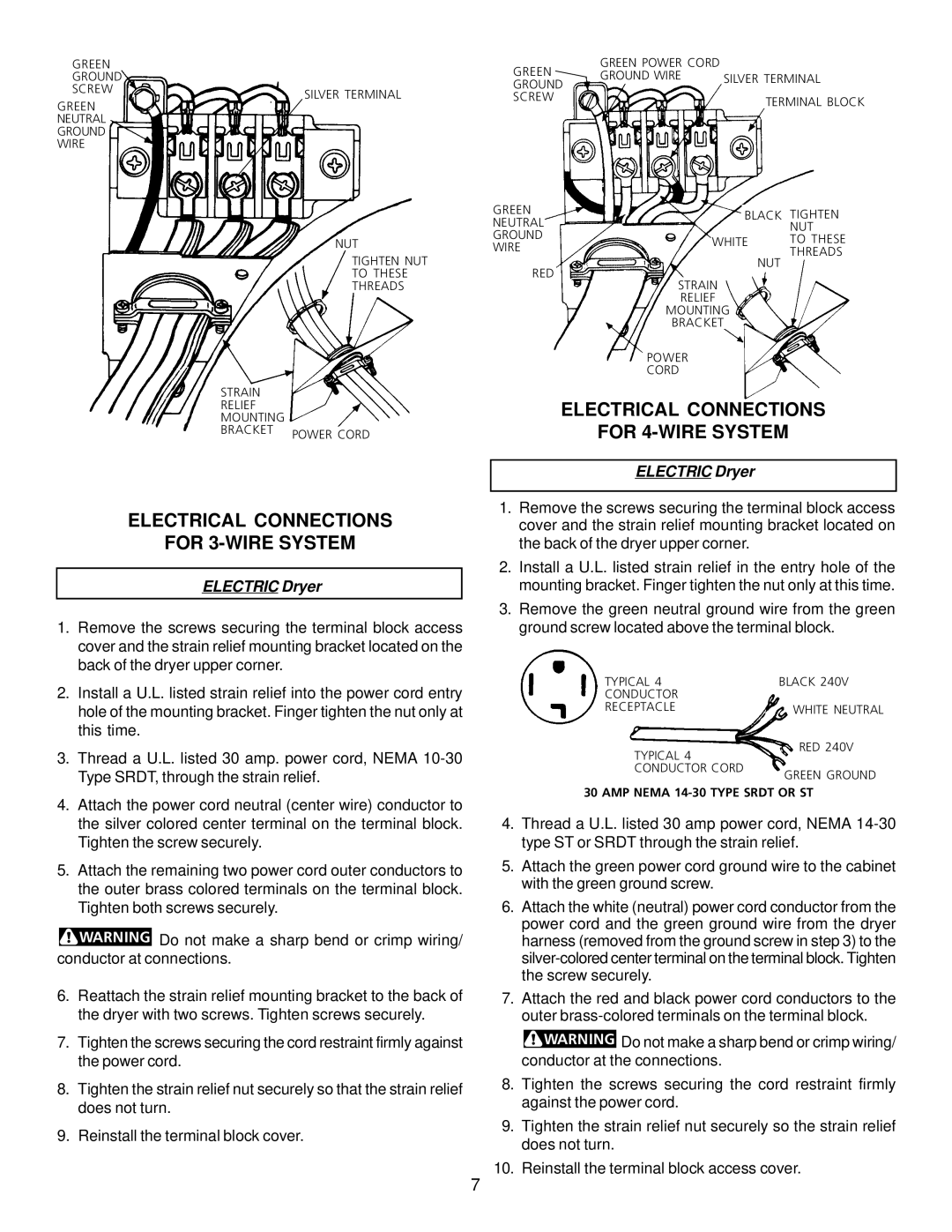 Kenmore 134313400, 417.74182300 manual Electrical Connections For 3-WIRE System, Electrical Connections For 4-WIRE System 