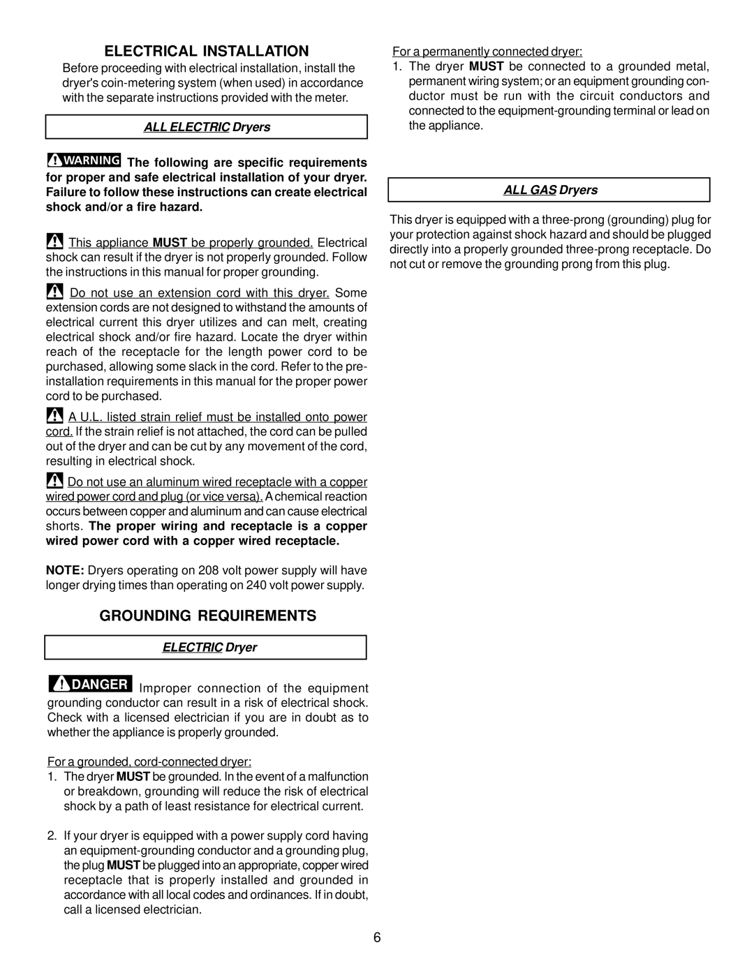 Kenmore 417.74182300, 134316200, 134313400 manual Electrical Installation, Grounding Requirements 