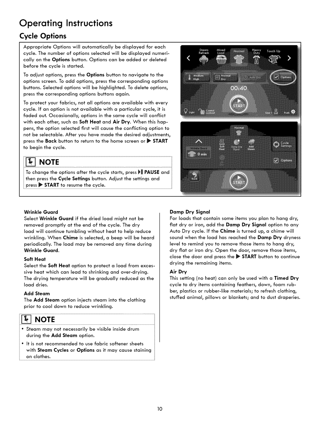 Kenmore 417.9413, 417.8413 manual Cycle Options 