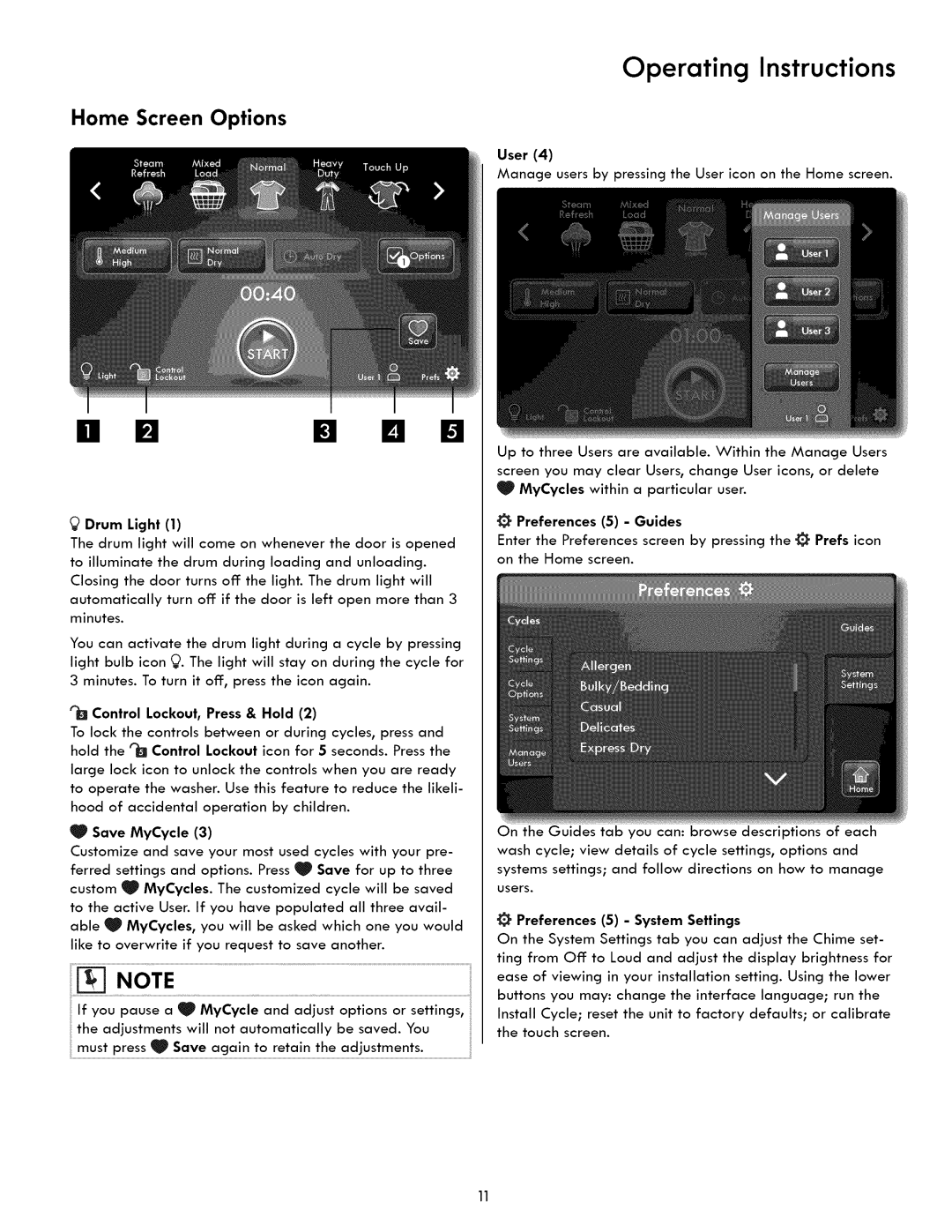 Kenmore 417.8413, 417.9413 manual Operating Instructions, Home Screen Options 