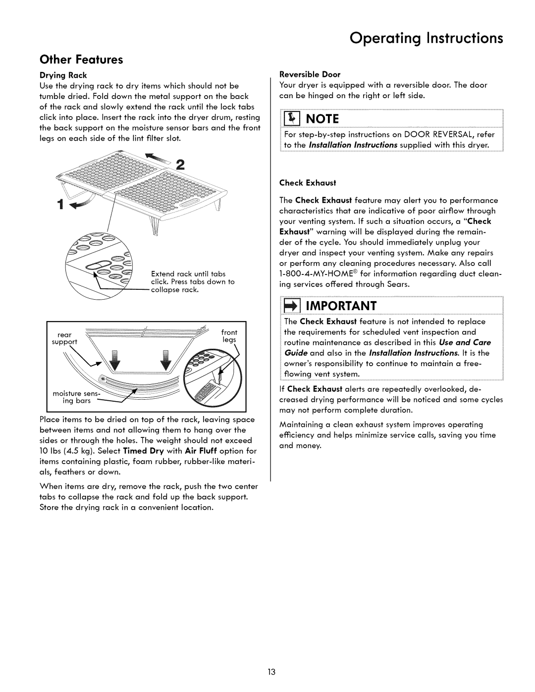 Kenmore 417.8413, 417.9413 manual Other Features, Check Exhaust 