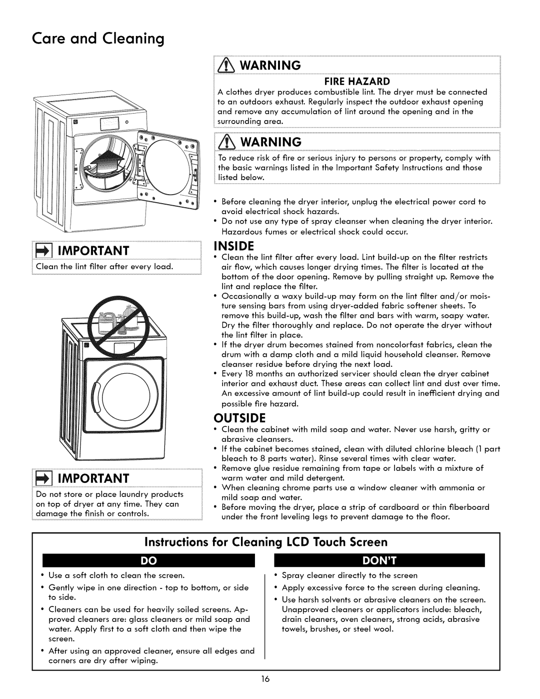 Kenmore 417.9413, 417.8413 manual Care and Cleaning, Instructions for Cleaning LCD Touch Screen, IDIo m 