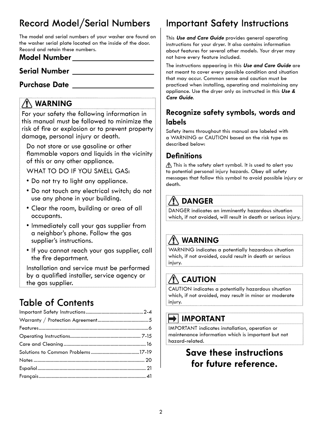 Kenmore 417.9413, 417.8413 manual Record Model/Serial Numbers Important Safety Instructions, Contents 