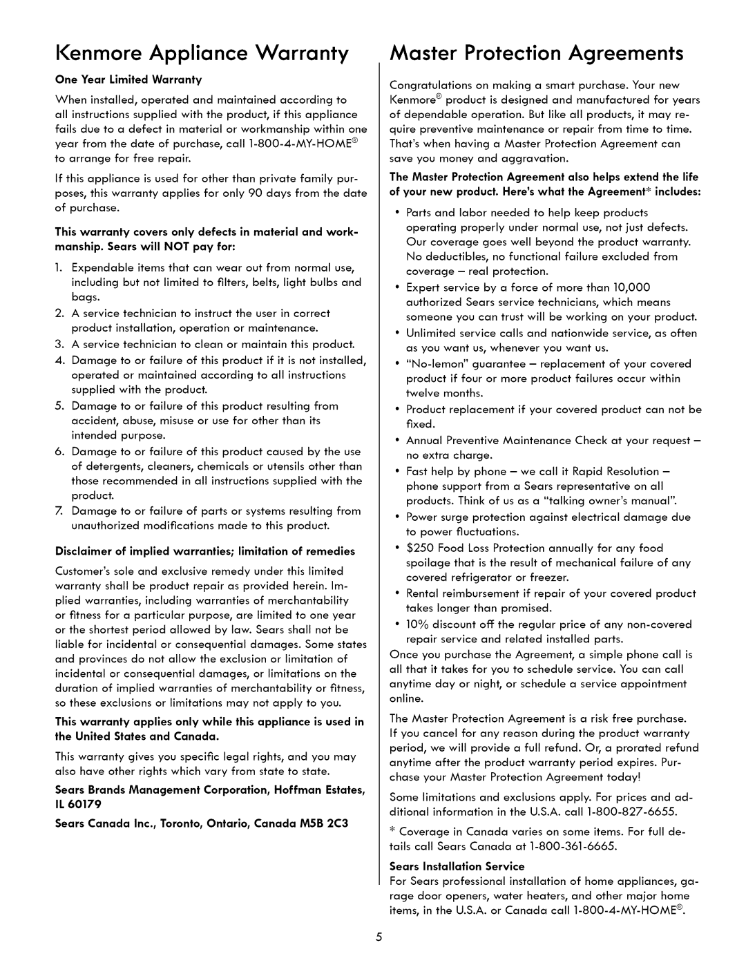 Kenmore 417.8413, 417.9413 manual Kenmore Appliance Warranty, Master Protection Agreements, One Year Limited Warranty 