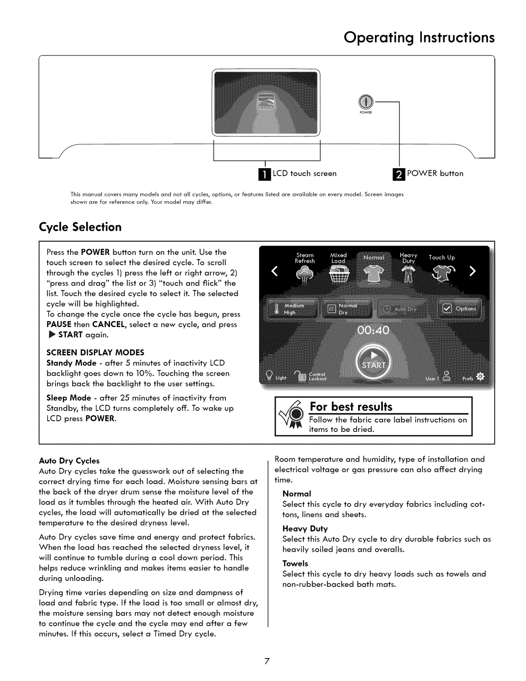 Kenmore 417.8413, 417.9413 manual Cycle Selection, Start again, Screen Display Modes, Auto Dry Cycles 