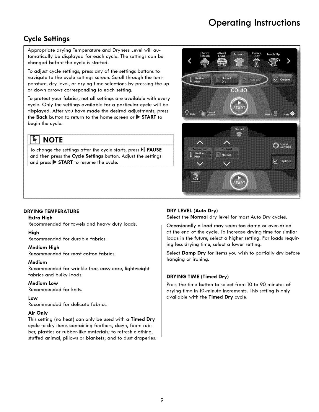 Kenmore 417.8413 Cycle Settings, Recommended for most cotton fabrics, Select the Normal dry level for most Auto Dry cycles 