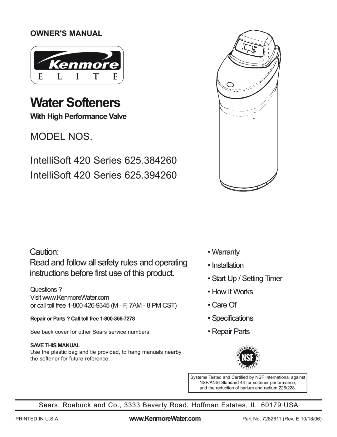 Kenmore 420 Series warranty Water Softeners, Save this Manual 