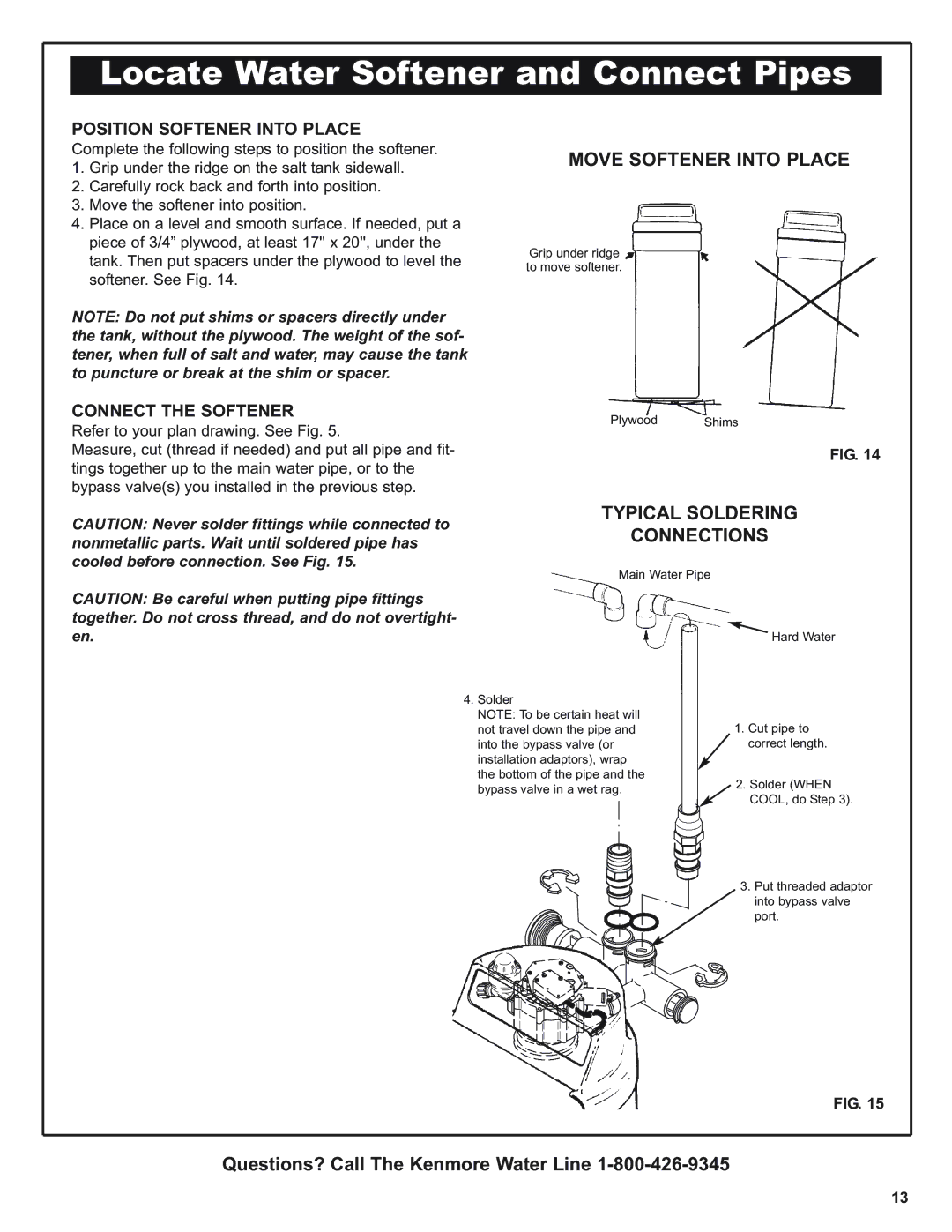 Kenmore 420 Series Locate Water Softener and Connect Pipes, Move Softener Into Place, Typical Soldering Connections 