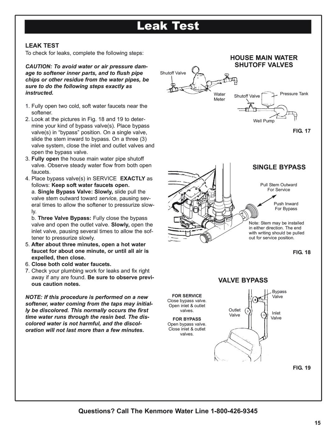 Kenmore 420 Series warranty Leak Test, House Main Water Shutoff Valves, Single Bypass 