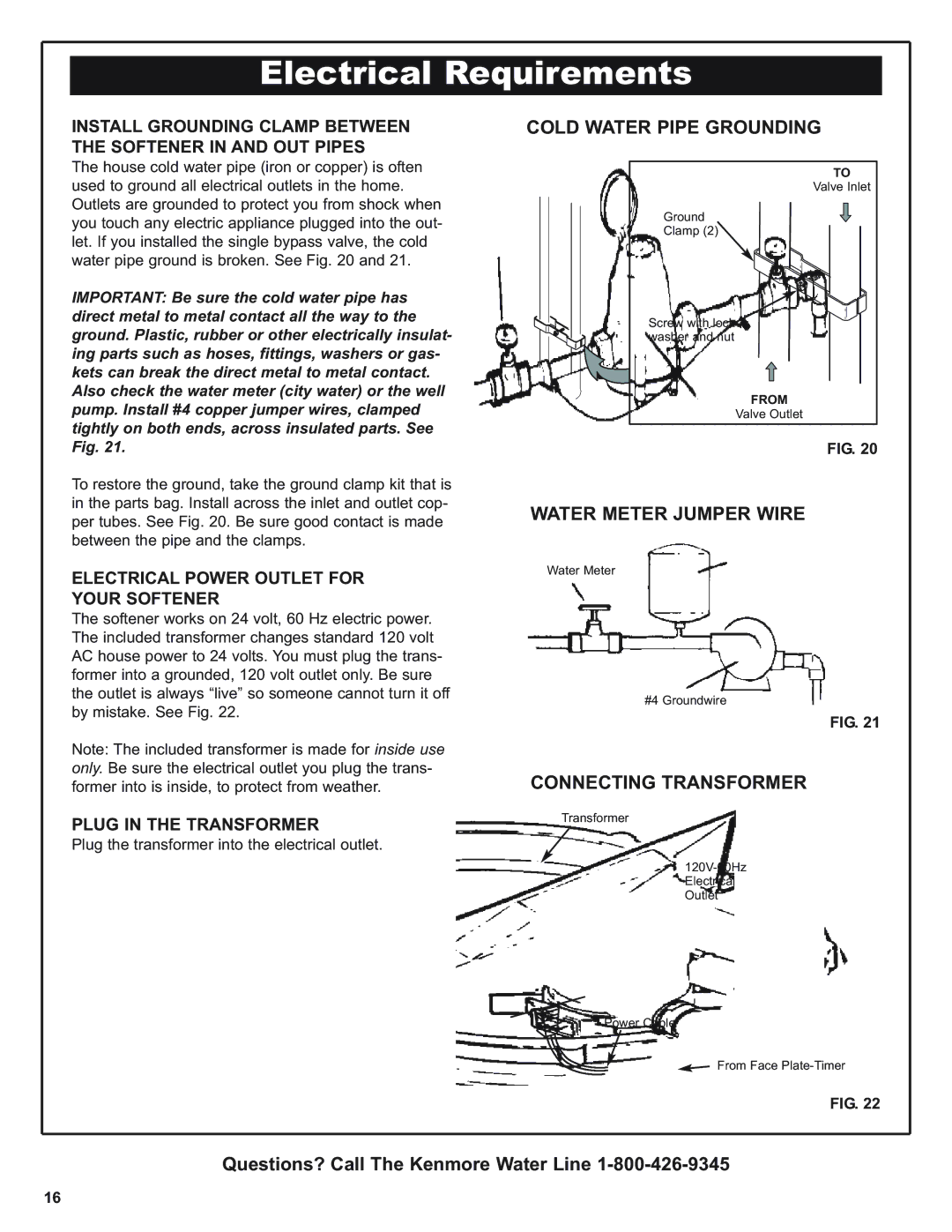 Kenmore 420 Series Electrical Requirements, Cold Water Pipe Grounding, Water Meter Jumper Wire, Connecting Transformer 