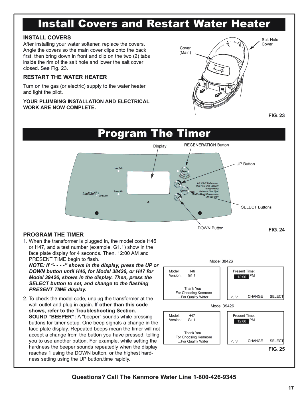 Kenmore 420 Series Install Covers and Restart Water Heater, Program The Timer, Restart the Water Heater, Program the Timer 