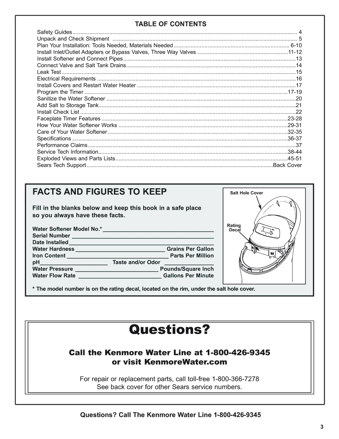 Kenmore 420 Series warranty Facts and Figures to Keep, Table of Contents 