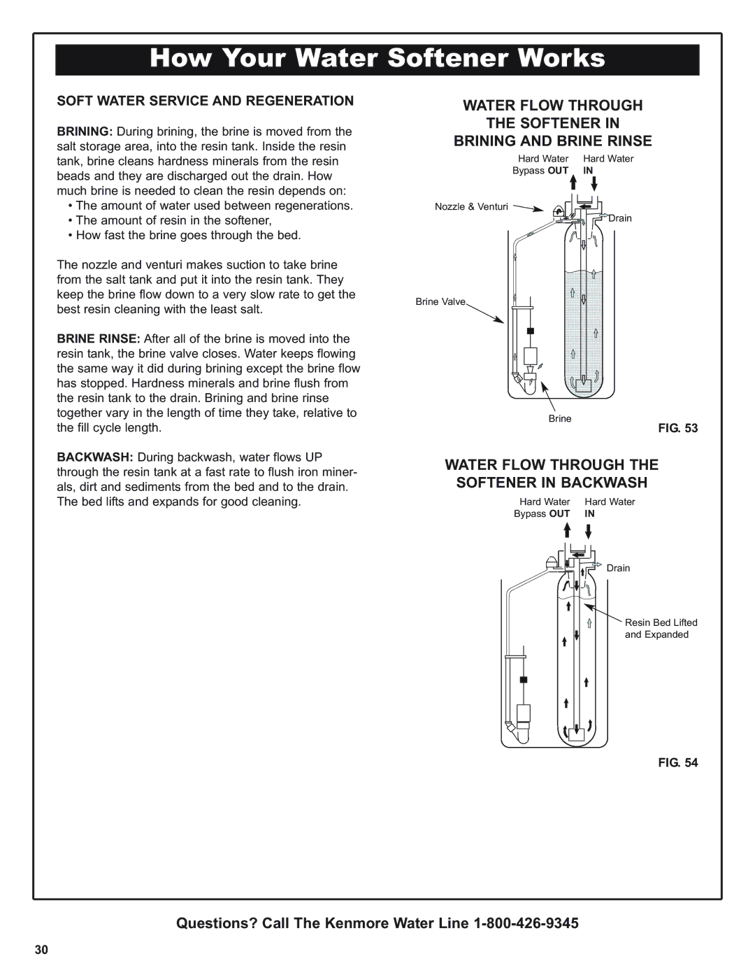 Kenmore 420 Series warranty Water Flow Through Softener Brining and Brine Rinse, Water Flow Through Softener in Backwash 