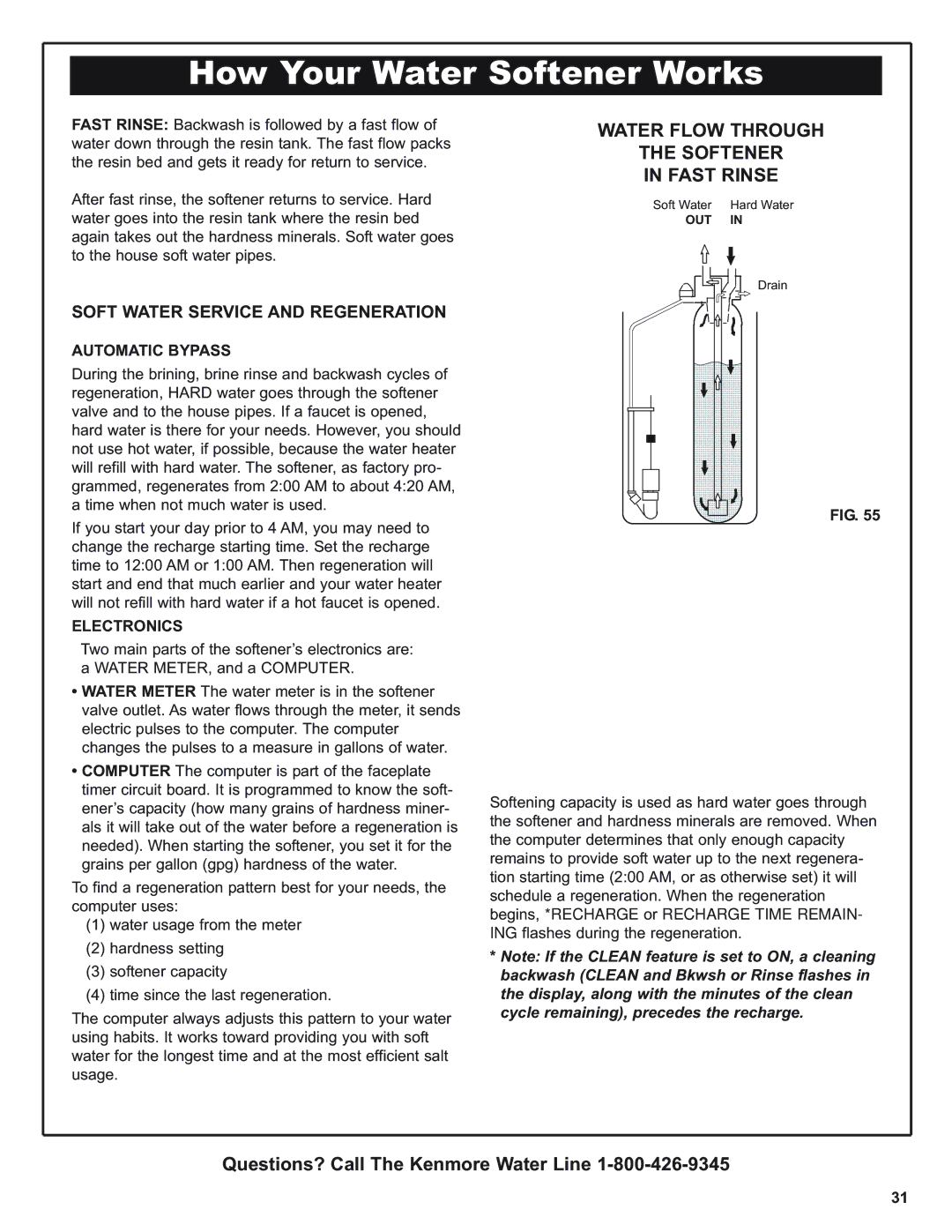 Kenmore 420 Series warranty Water Flow Through Softener Fast Rinse, Automatic Bypass, Electronics 