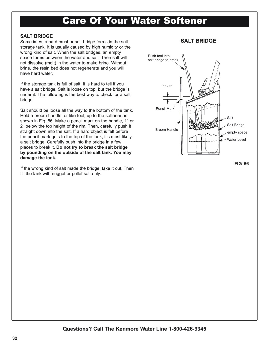 Kenmore 420 Series warranty Care Of Your Water Softener, Salt Bridge 