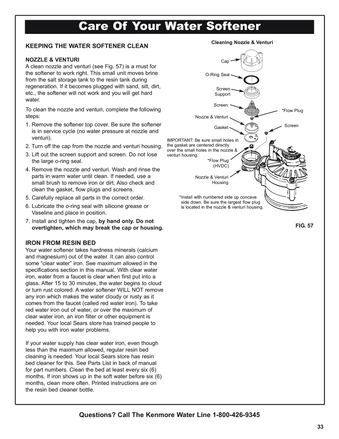 Kenmore 420 Series warranty Keeping the Water Softener Clean, Iron from Resin BED, Nozzle & Venturi 