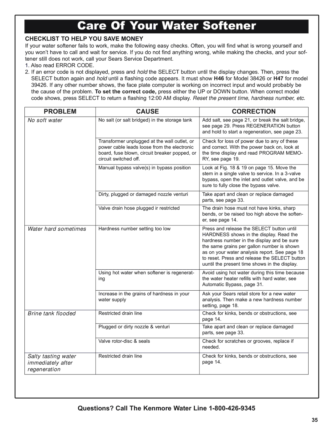 Kenmore 420 Series warranty Problem Cause Correction, Checklist to Help YOU Save Money 