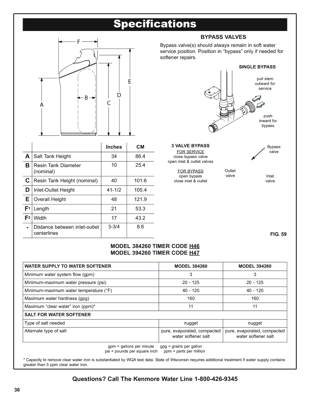 Kenmore 420 Series warranty Specifications, Bypass Valves, Model 384260 Timer Code H46 Model 394260 Timer Code H47 