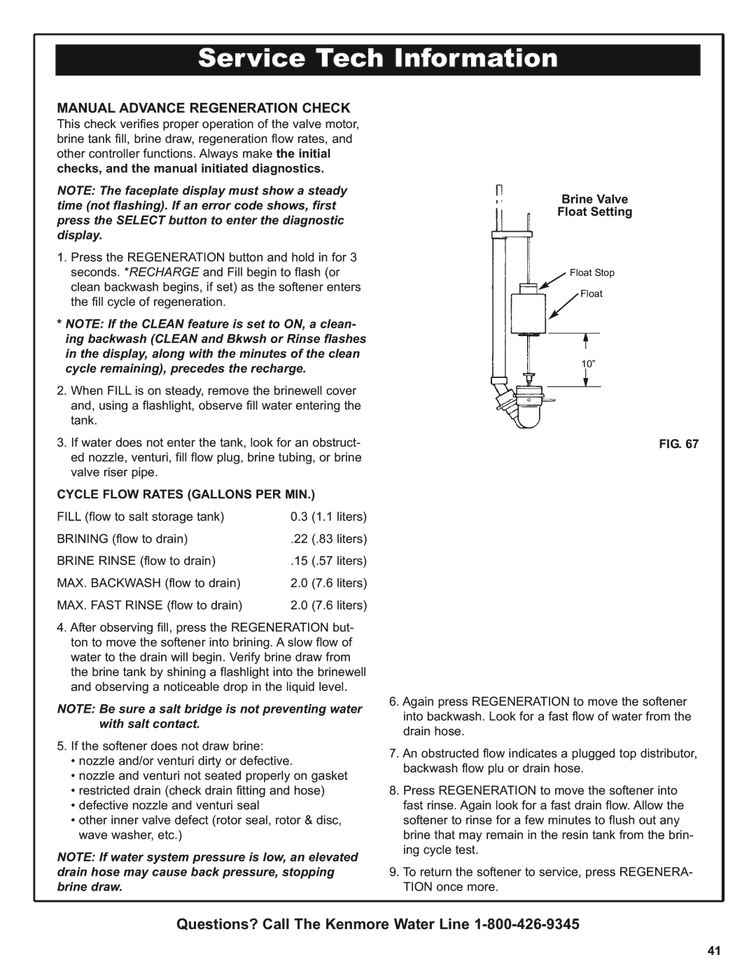 Kenmore 420 Series warranty Manual Advance Regeneration Check, Cycle Flow Rates Gallons PER MIN 