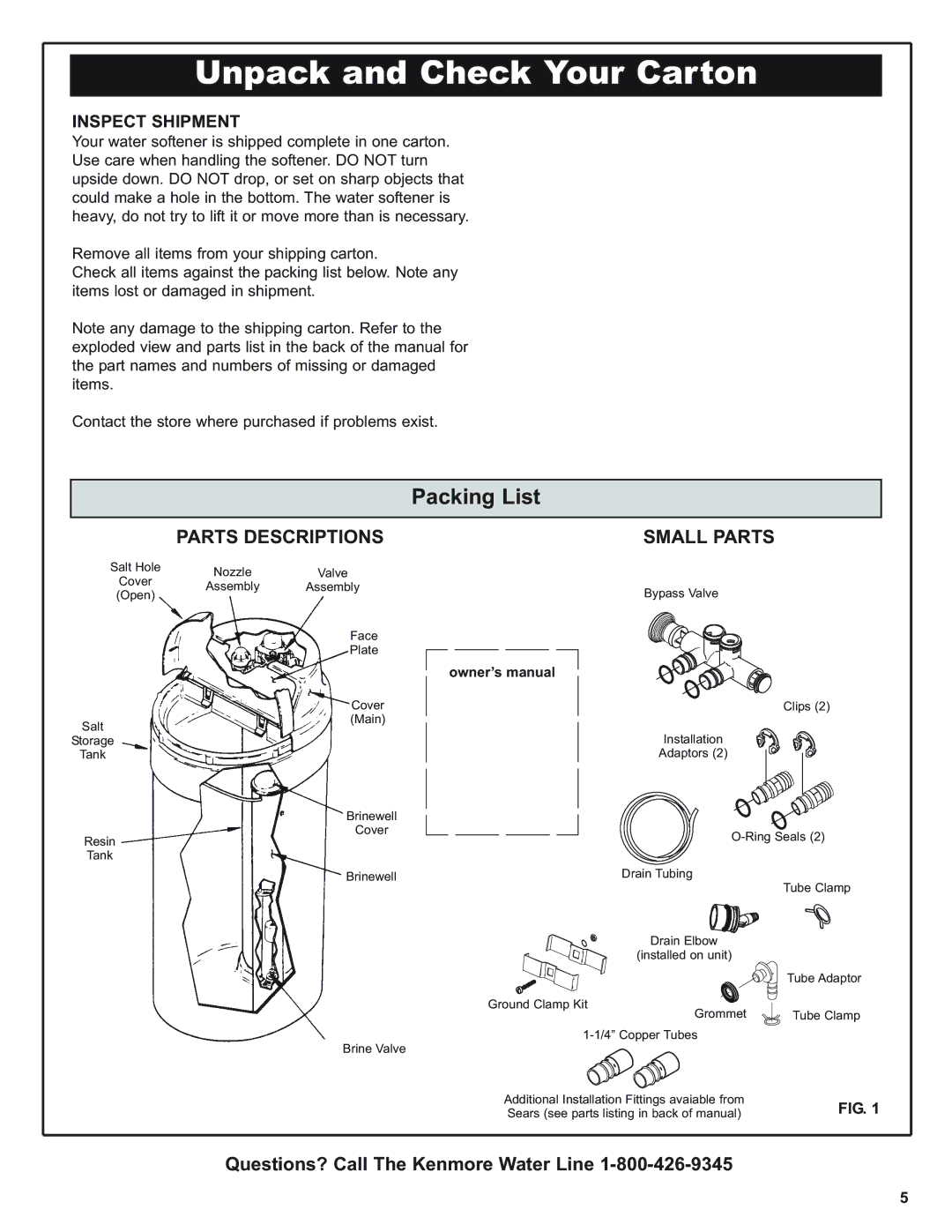 Kenmore 420 Series warranty Unpack and Check Your Carton, Parts Descriptions, Small Parts, Inspect Shipment 