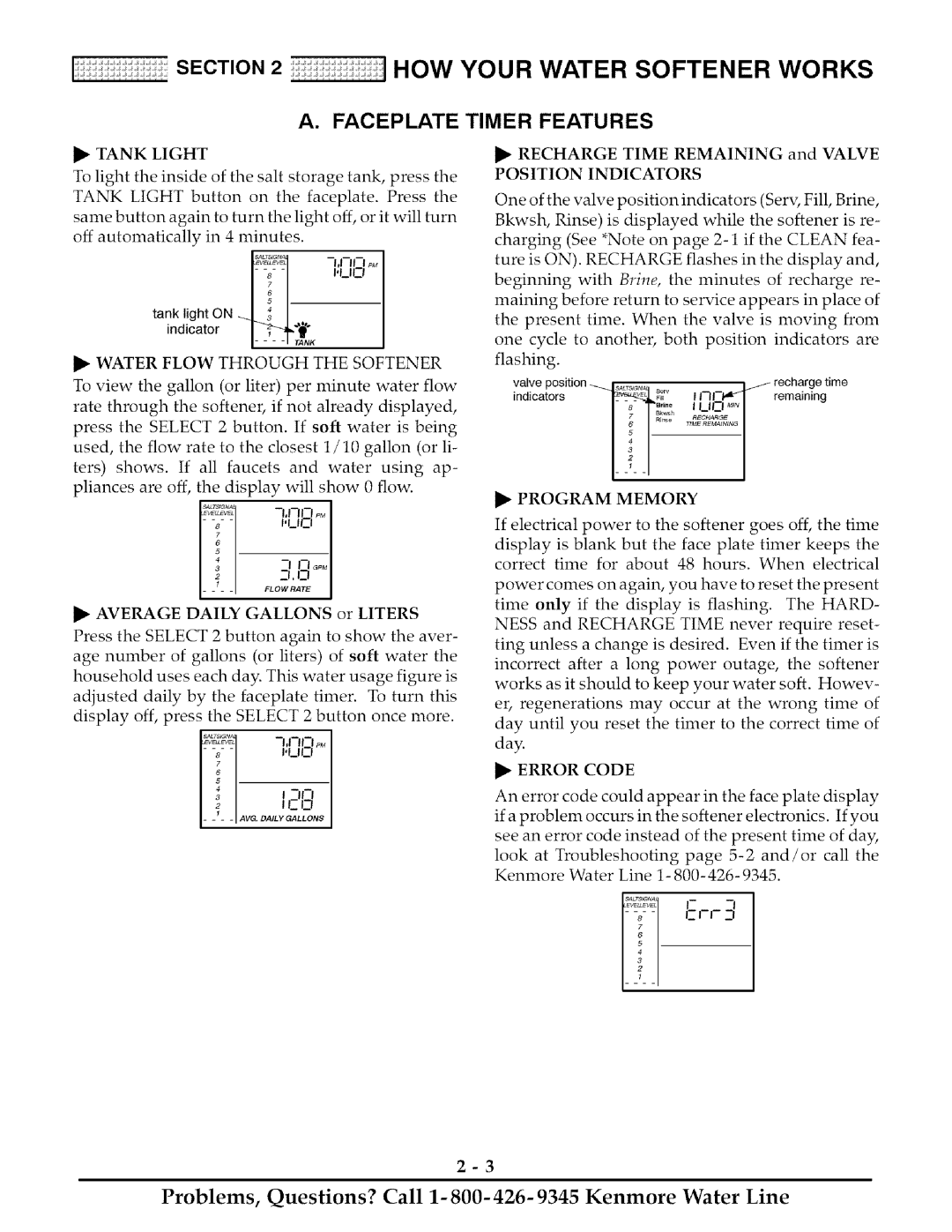 Kenmore 425 owner manual I1 Tank Light, Li-I, I1 Water Flow Through the Softener, I1 Program Memory, Error Code 