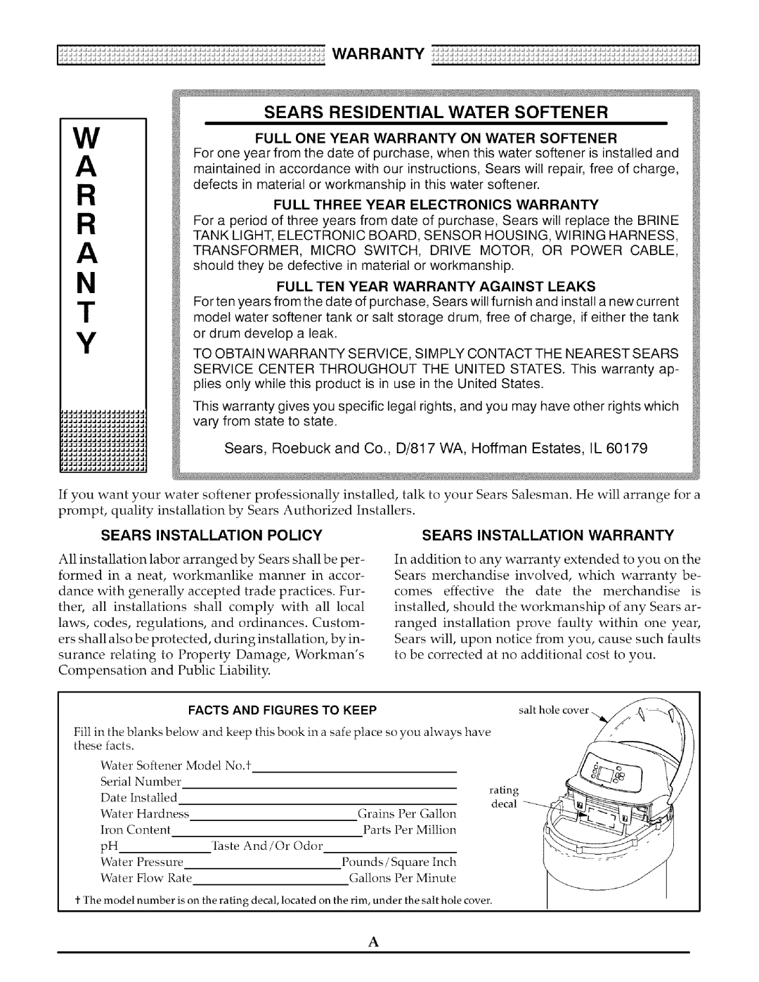 Kenmore 425 Sears Residential Water Softener, Full ONE Year Warranty on Water Softener, Facts and Figures to Keep 